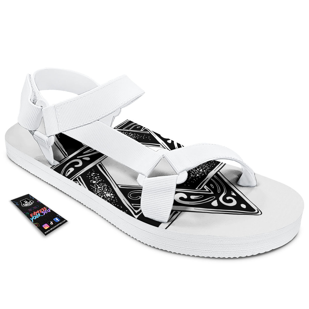 Star of David White And Black Print White Open Toe Sandals-grizzshop