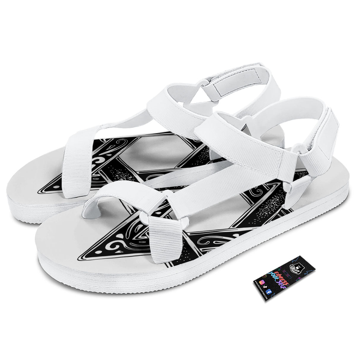 Star of David White And Black Print White Open Toe Sandals-grizzshop