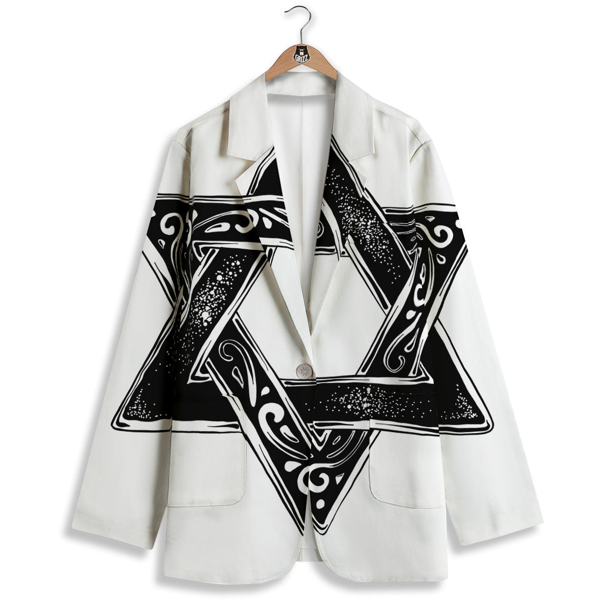 Star of David White And Black Print Women's Blazer-grizzshop