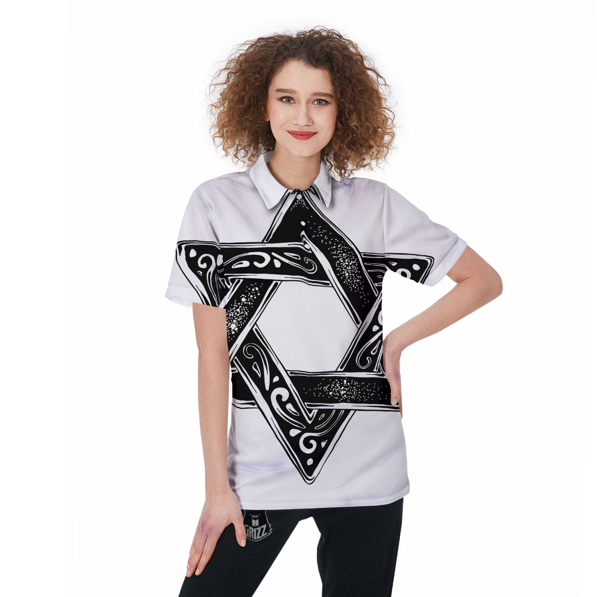 Star of David White And Black Print Women's Golf Shirts-grizzshop