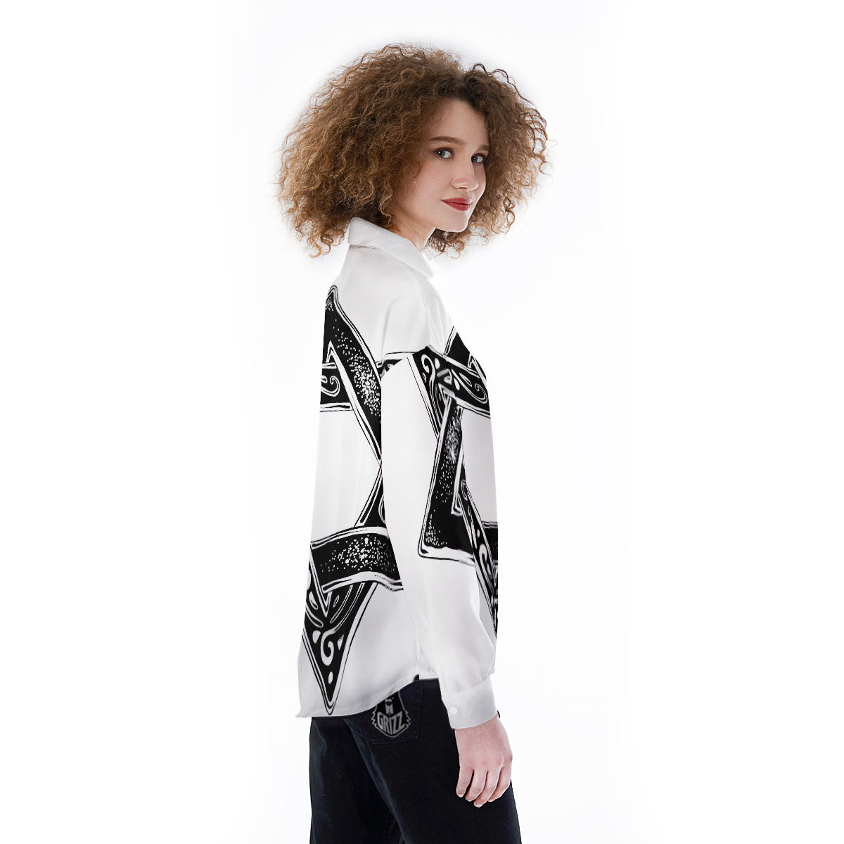 Star of David White And Black Print Women's Long Sleeve Shirts-grizzshop
