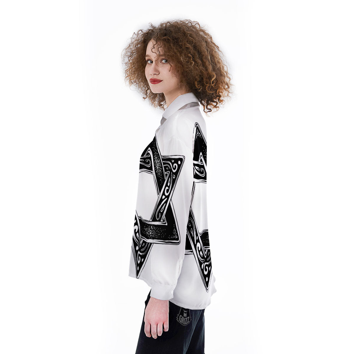 Star of David White And Black Print Women's Long Sleeve Shirts-grizzshop