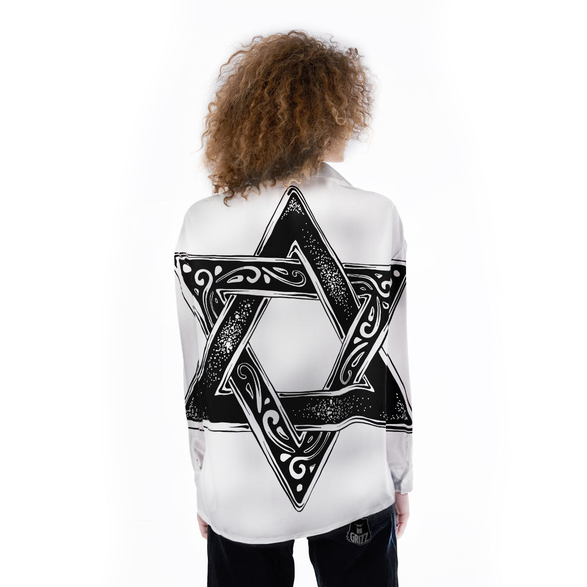Star of David White And Black Print Women's Long Sleeve Shirts-grizzshop