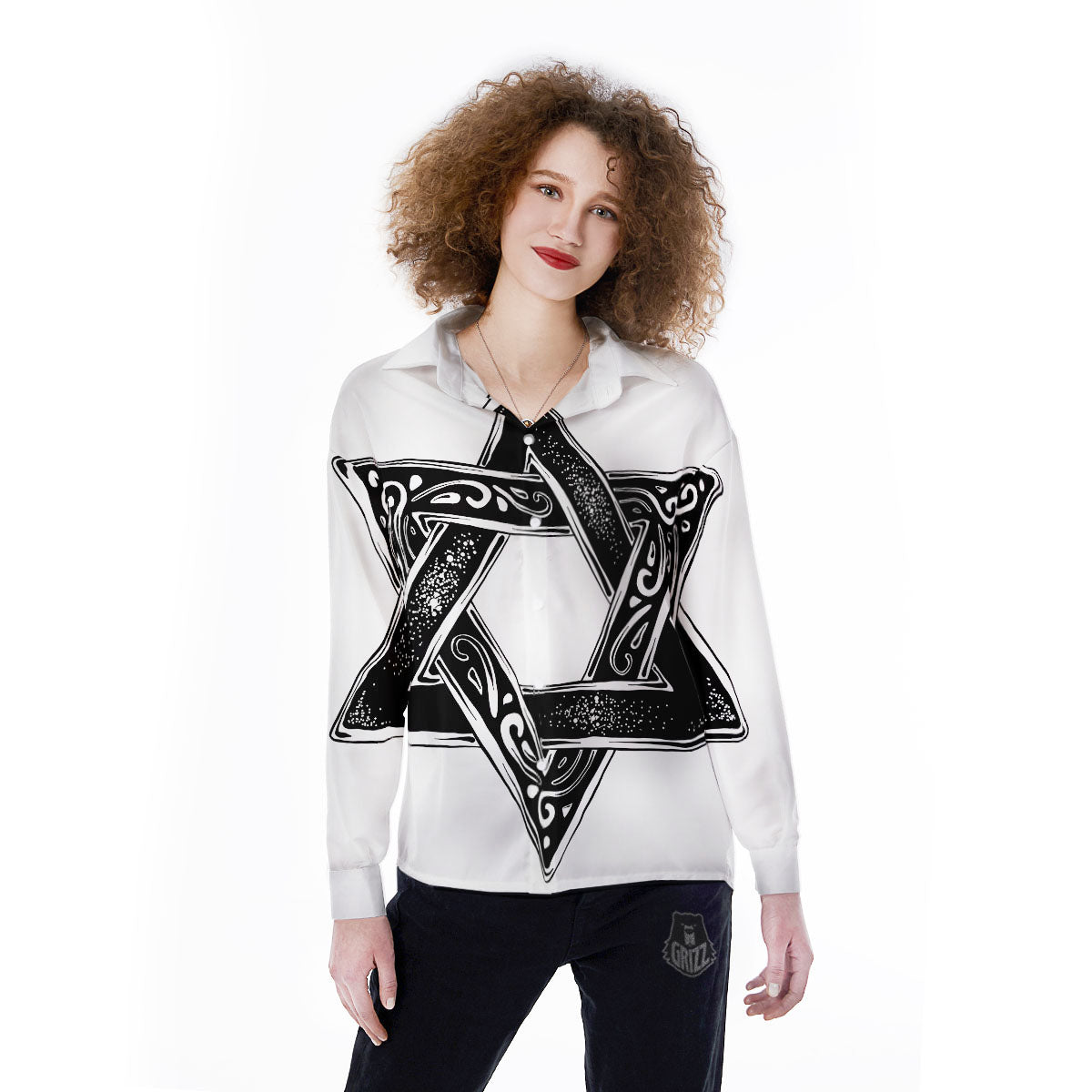 Star of David White And Black Print Women's Long Sleeve Shirts-grizzshop