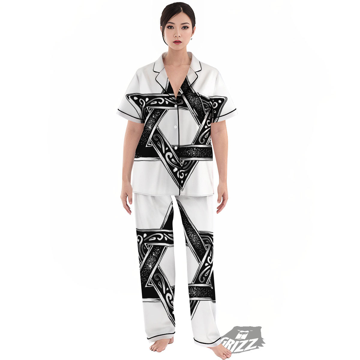 Star of David White And Black Print Women's Pajamas Set-grizzshop