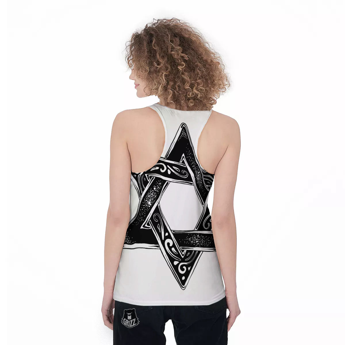 Star of David White And Black Print Women's Racerback Tank Top-grizzshop