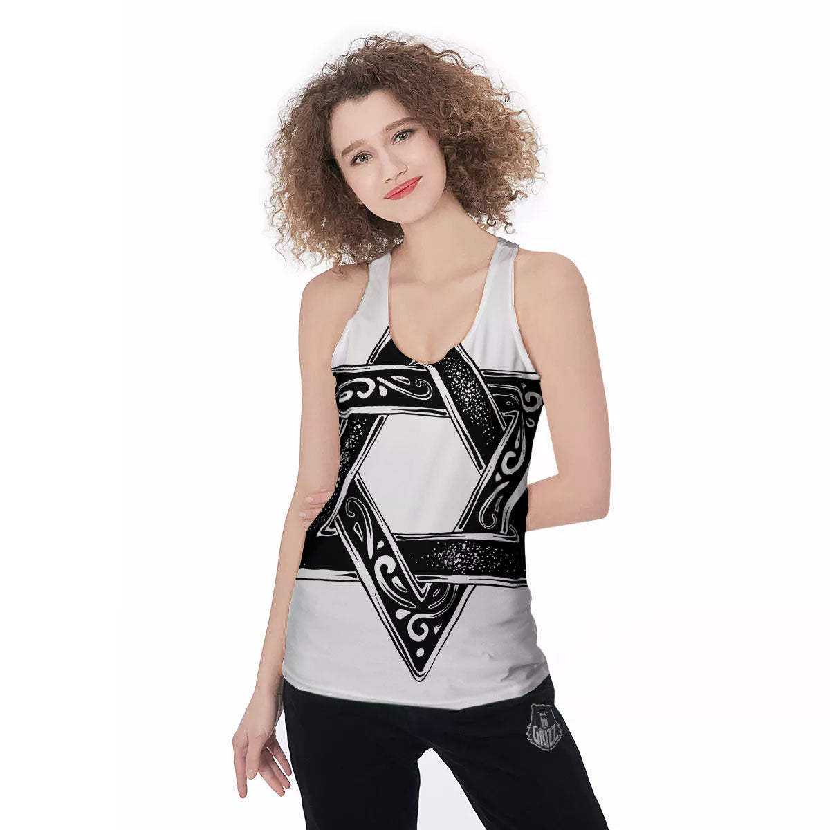 Star of David White And Black Print Women's Racerback Tank Top-grizzshop