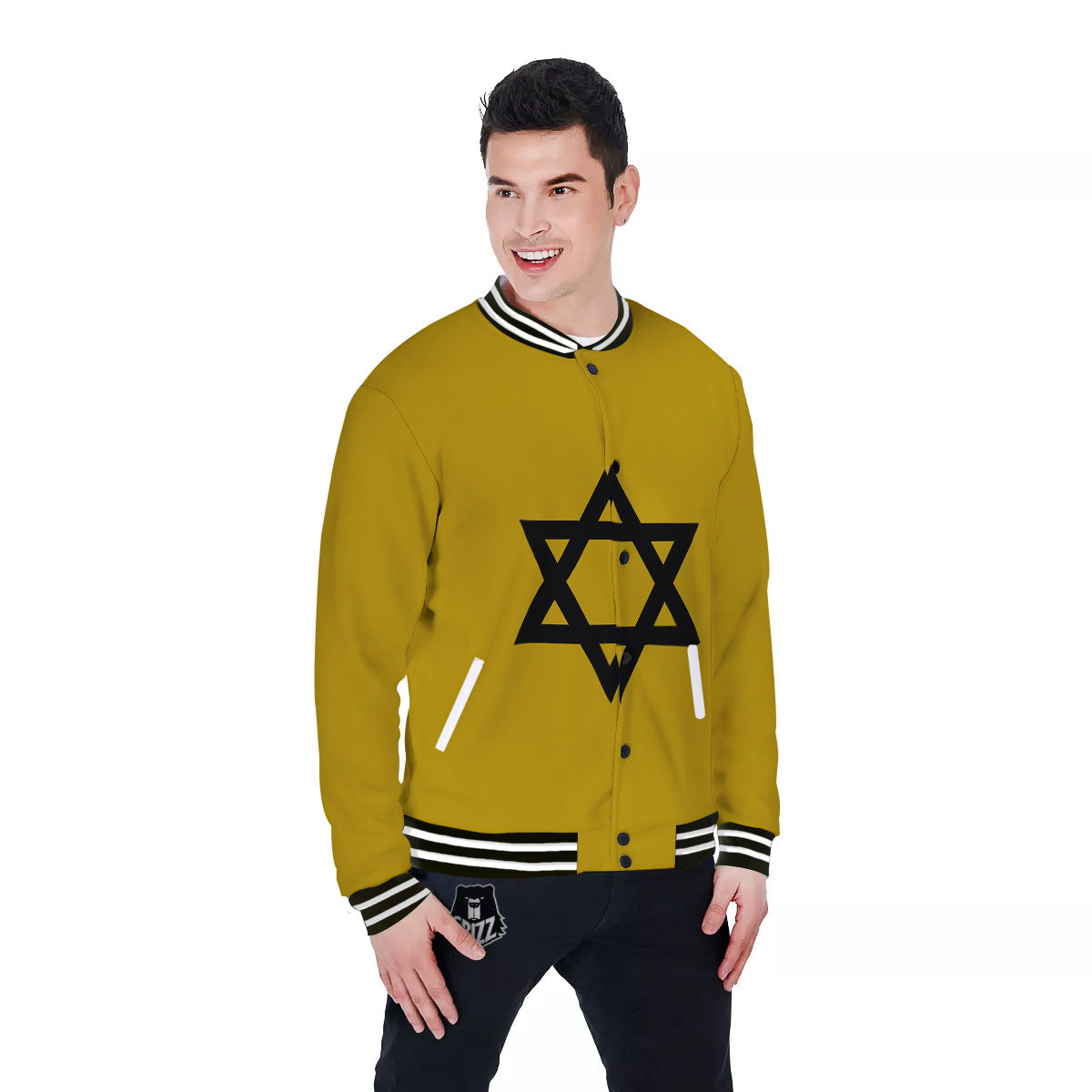 Star of David Yellow And Black Print Baseball Jacket-grizzshop