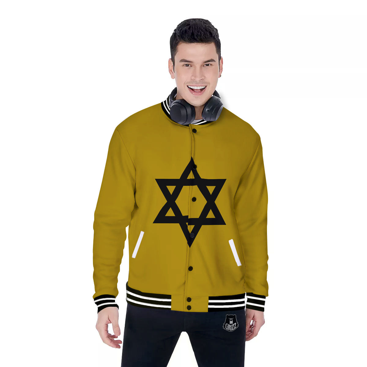 Star of David Yellow And Black Print Baseball Jacket-grizzshop