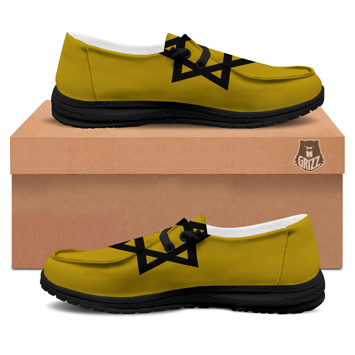 Star of David Yellow And Black Print Black Loafers-grizzshop