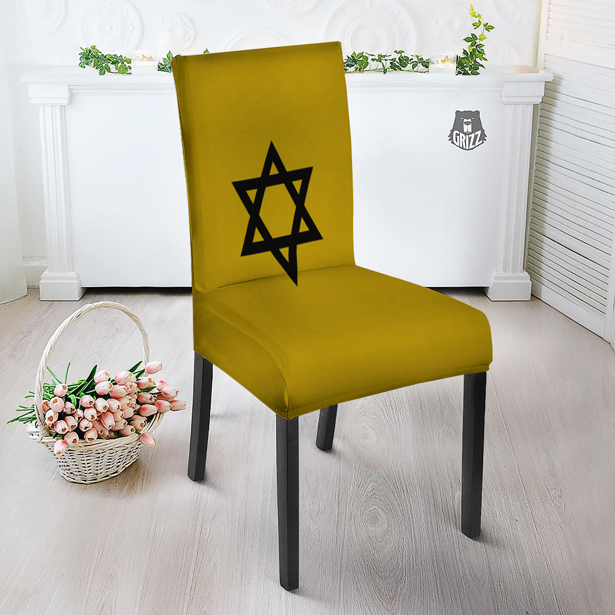 Star of David Yellow And Black Print Dining Chair Slipcover-grizzshop