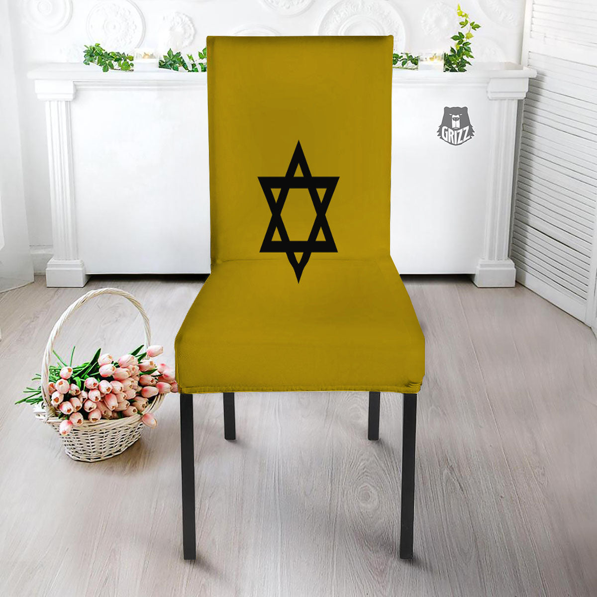 Star of David Yellow And Black Print Dining Chair Slipcover-grizzshop