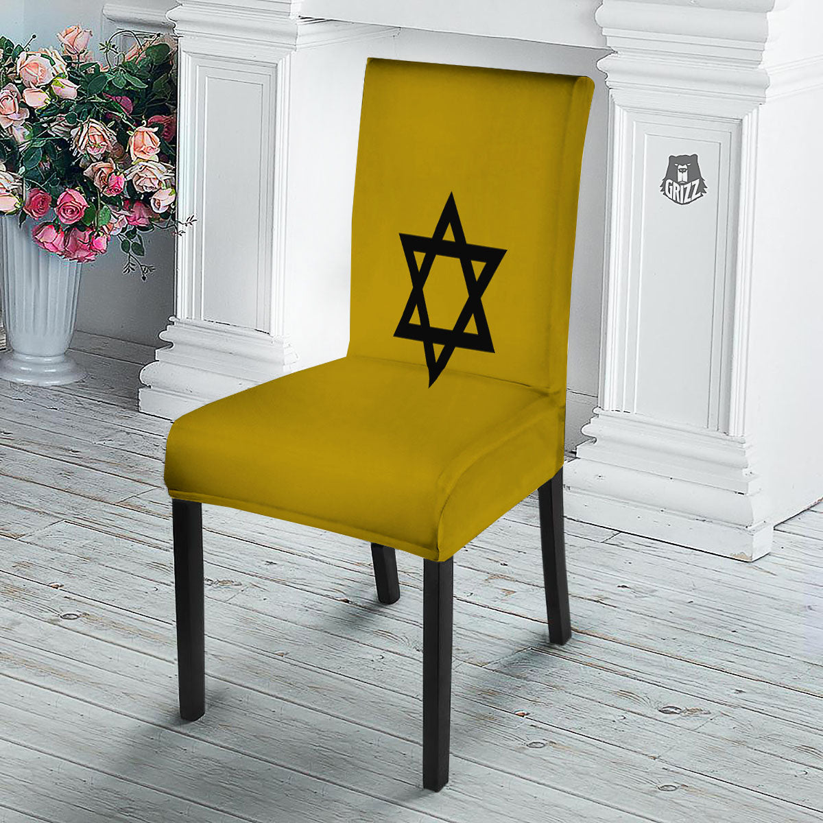 Star of David Yellow And Black Print Dining Chair Slipcover-grizzshop