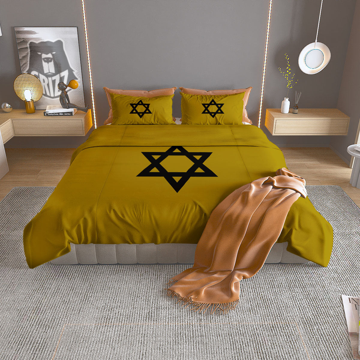 Star of David Yellow And Black Print Duvet Cover Bedding Set