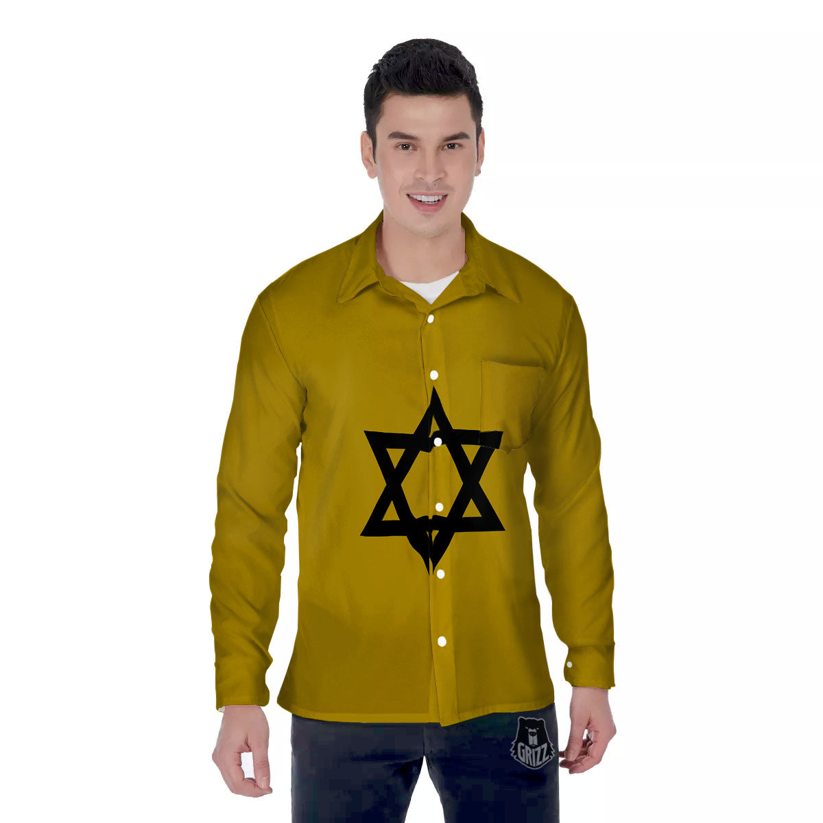 Star of David Yellow And Black Print Men's Long Sleeve Shirts-grizzshop