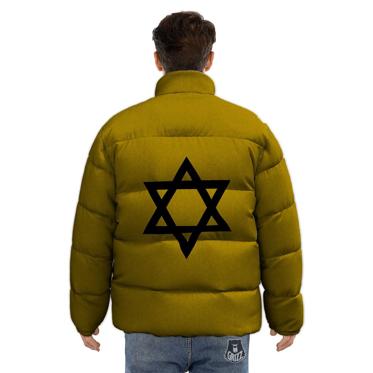 Star of David Yellow And Black Print Puffer Jacket-grizzshop