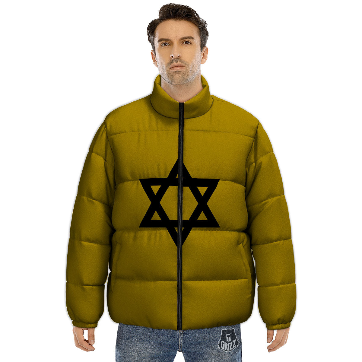 Star of David Yellow And Black Print Puffer Jacket-grizzshop