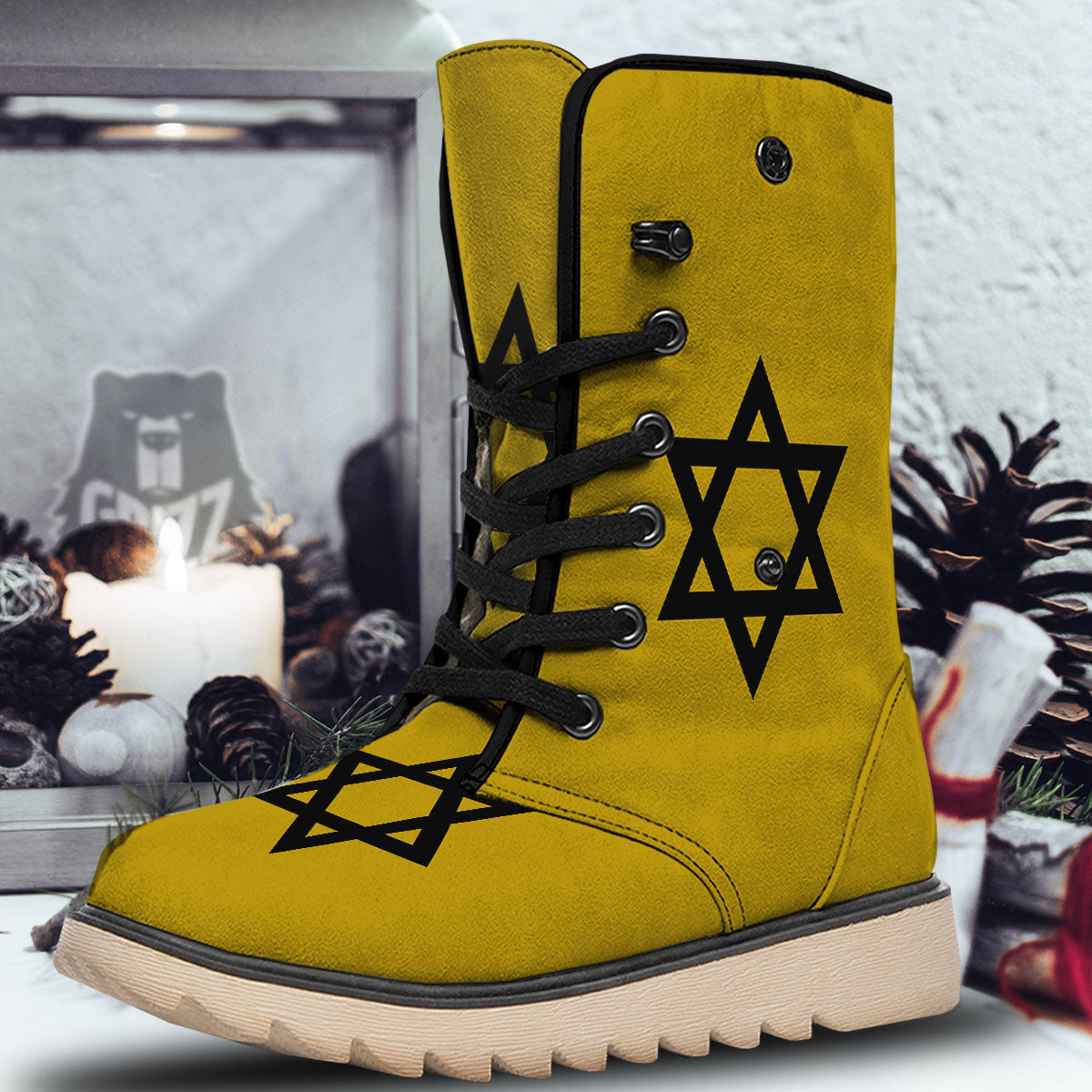 Star of David Yellow And Black Print Snow Boots-grizzshop