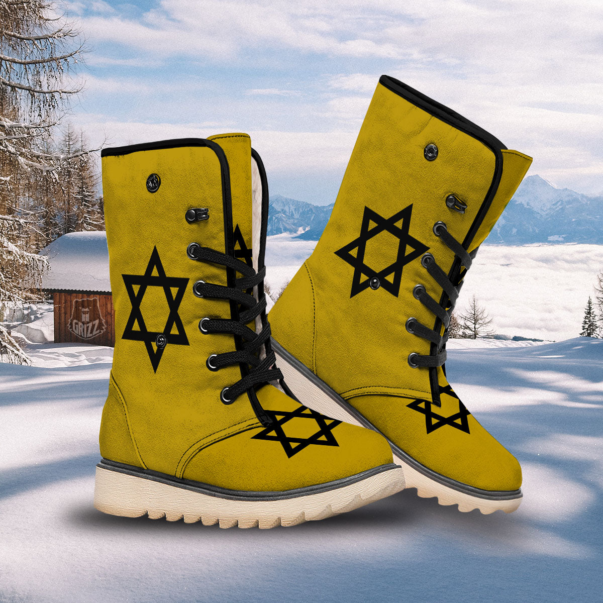 Star of David Yellow And Black Print Snow Boots-grizzshop