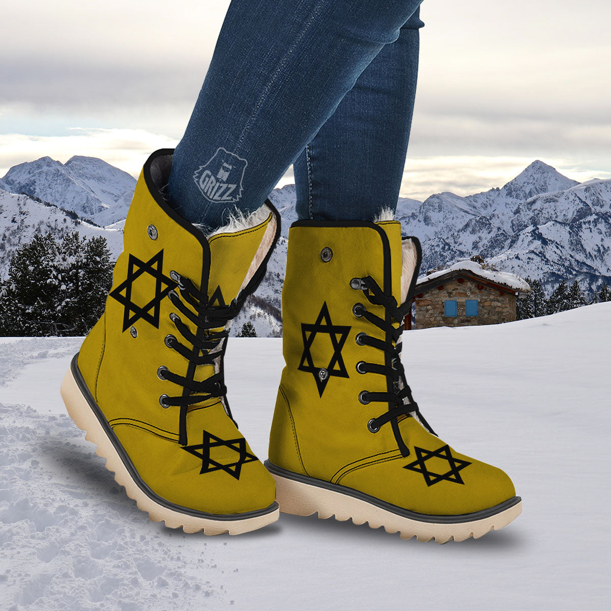 Star of David Yellow And Black Print Snow Boots-grizzshop