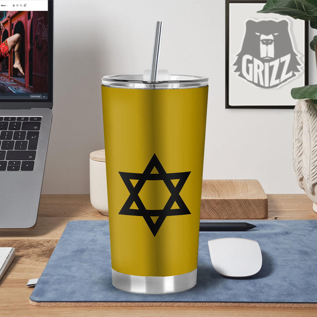 Star of David Yellow And Black Print Tumbler-grizzshop
