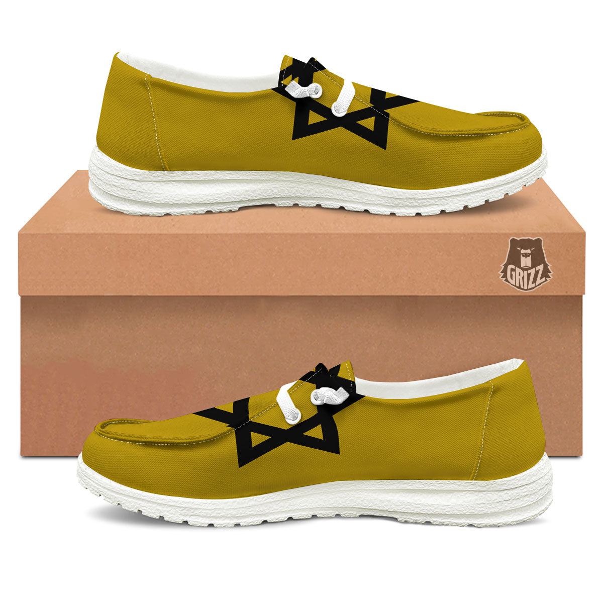 Star of David Yellow And Black Print White Loafers-grizzshop