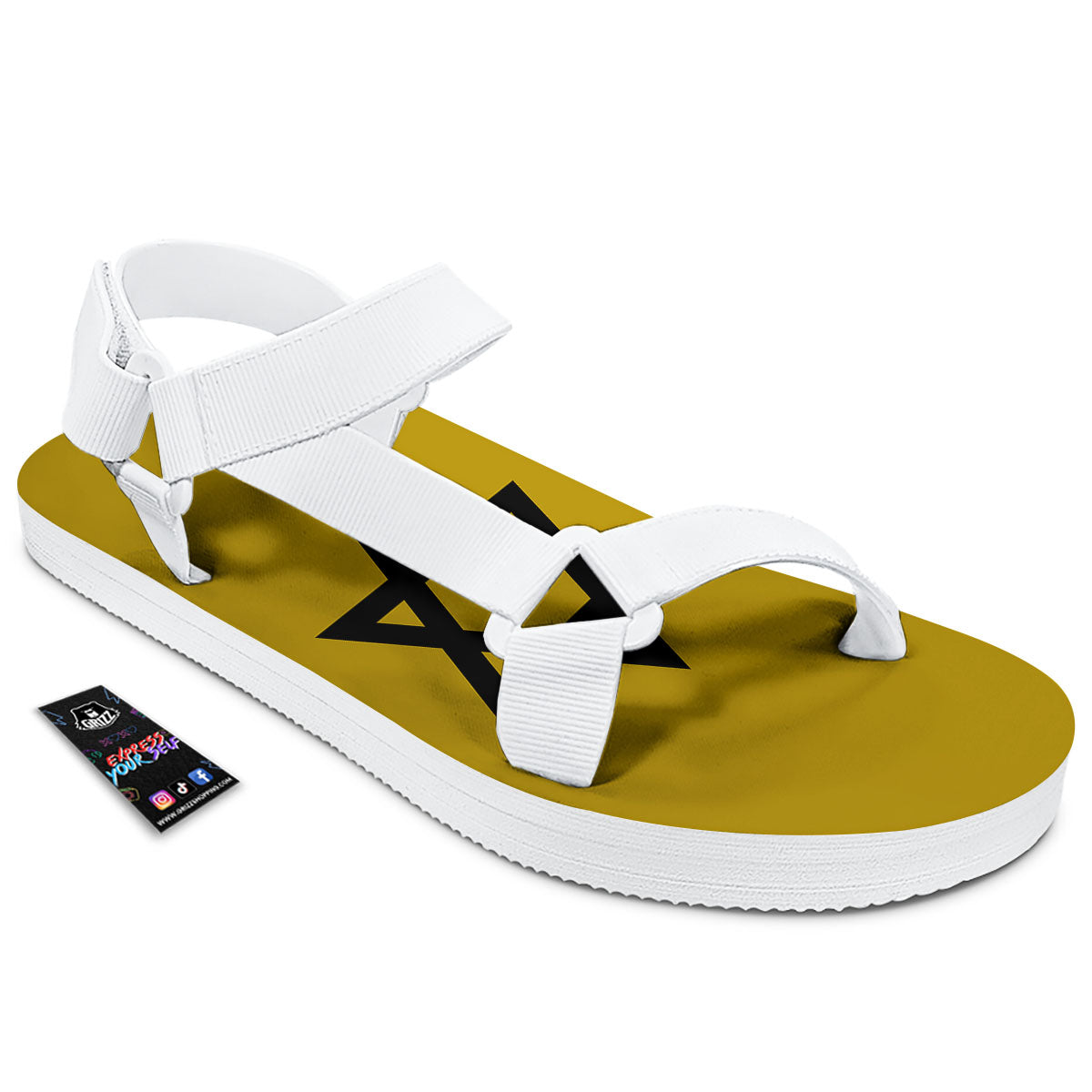 Star of David Yellow And Black Print White Open Toe Sandals-grizzshop
