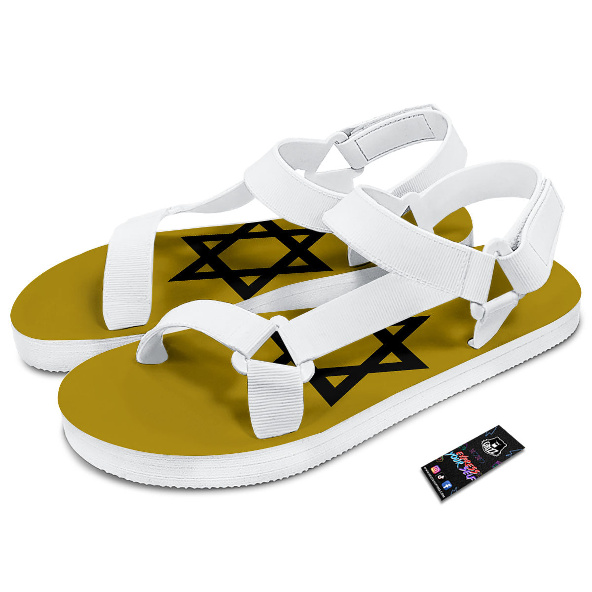 Star of David Yellow And Black Print White Open Toe Sandals-grizzshop
