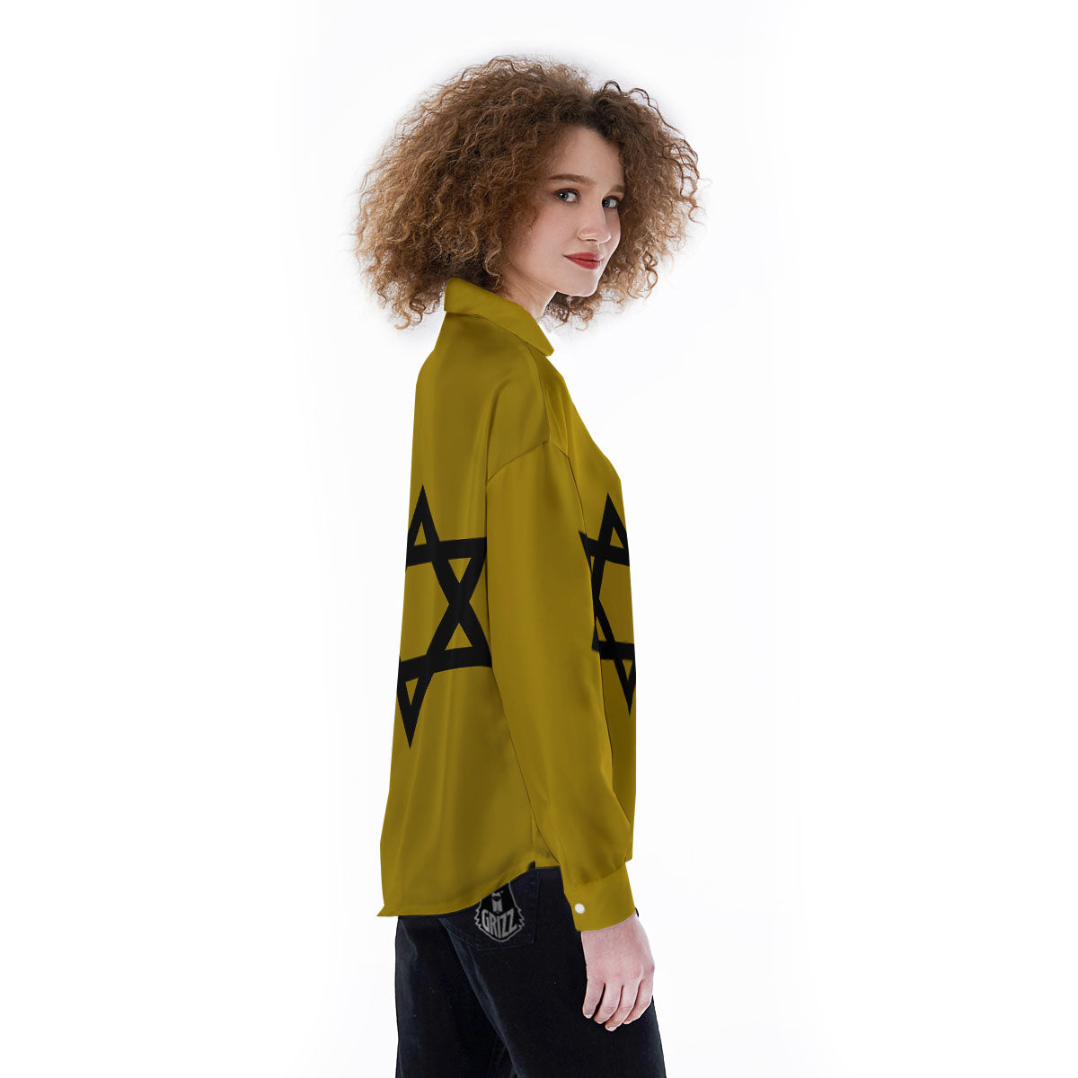 Star of David Yellow And Black Print Women's Long Sleeve Shirts-grizzshop