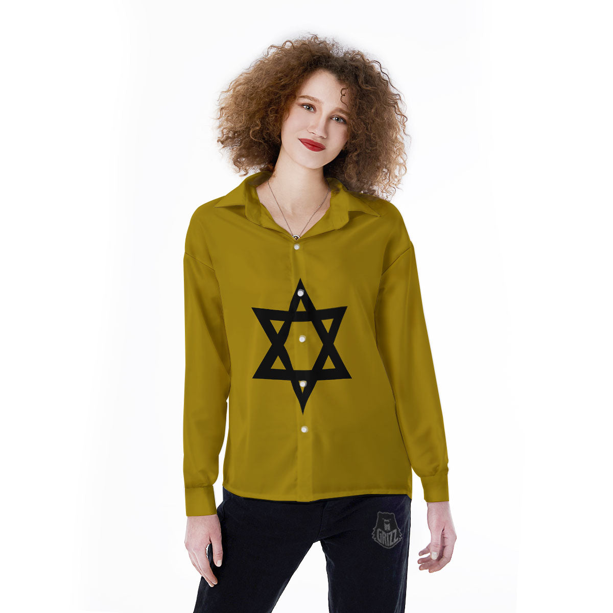 Star of David Yellow And Black Print Women's Long Sleeve Shirts-grizzshop