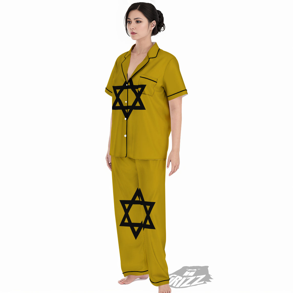Star of David Yellow And Black Print Women's Pajamas Set-grizzshop