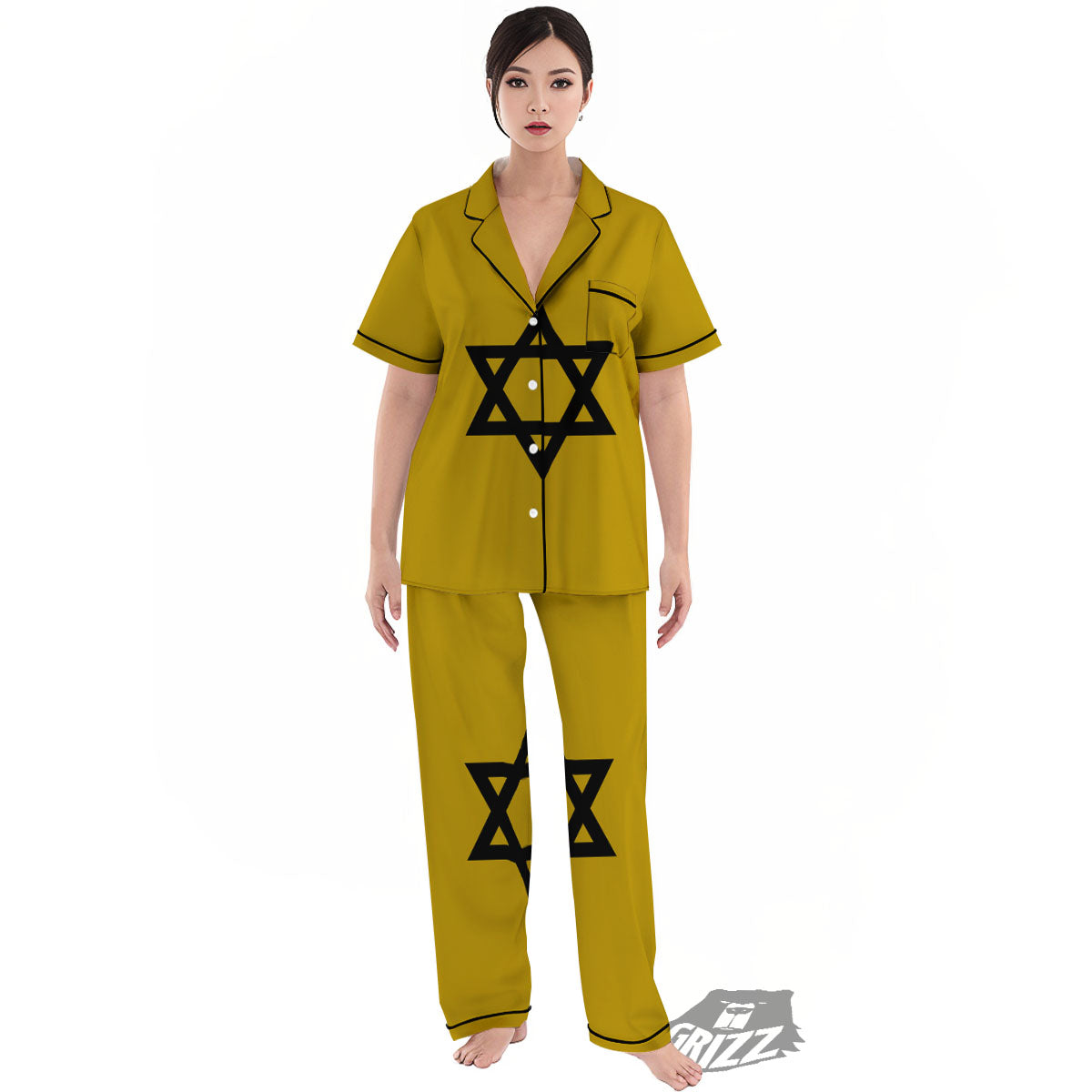 Star of David Yellow And Black Print Women's Pajamas Set-grizzshop