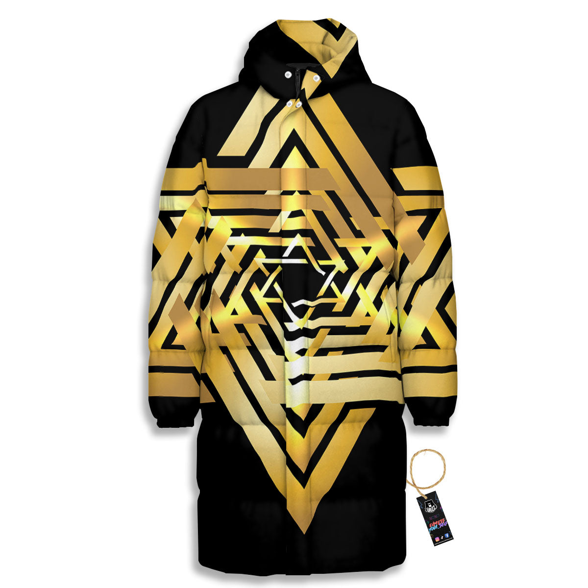 Star of David Gold And Black Print Long Down Jacket