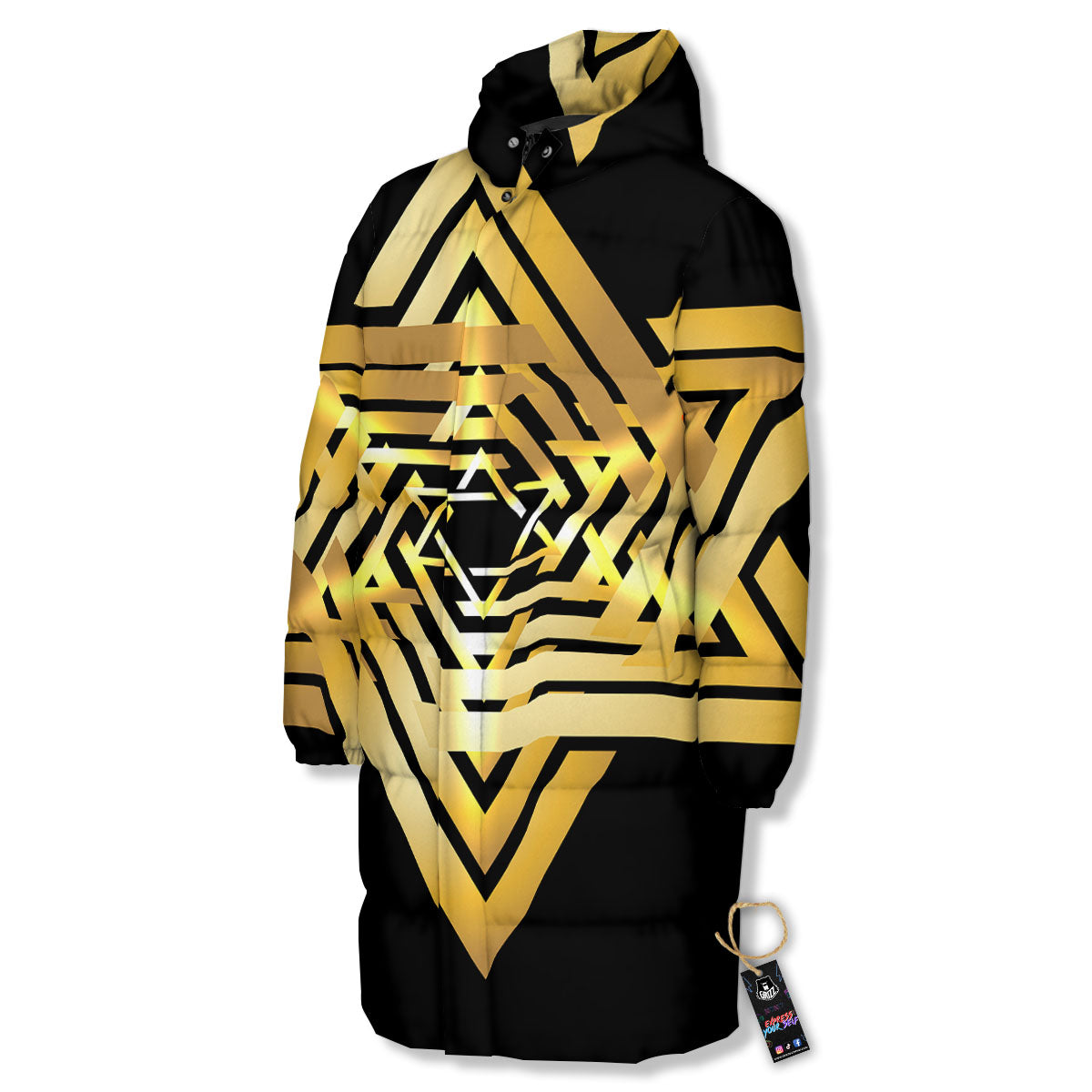 Star of David Gold And Black Print Long Down Jacket