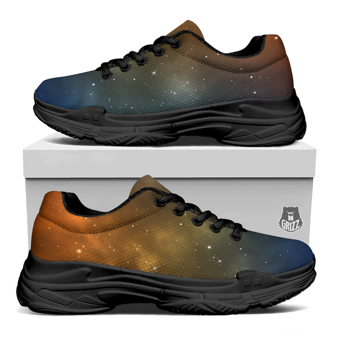 Stardust Galaxy Space Blue Orange Print Black Chunky Shoes-grizzshop