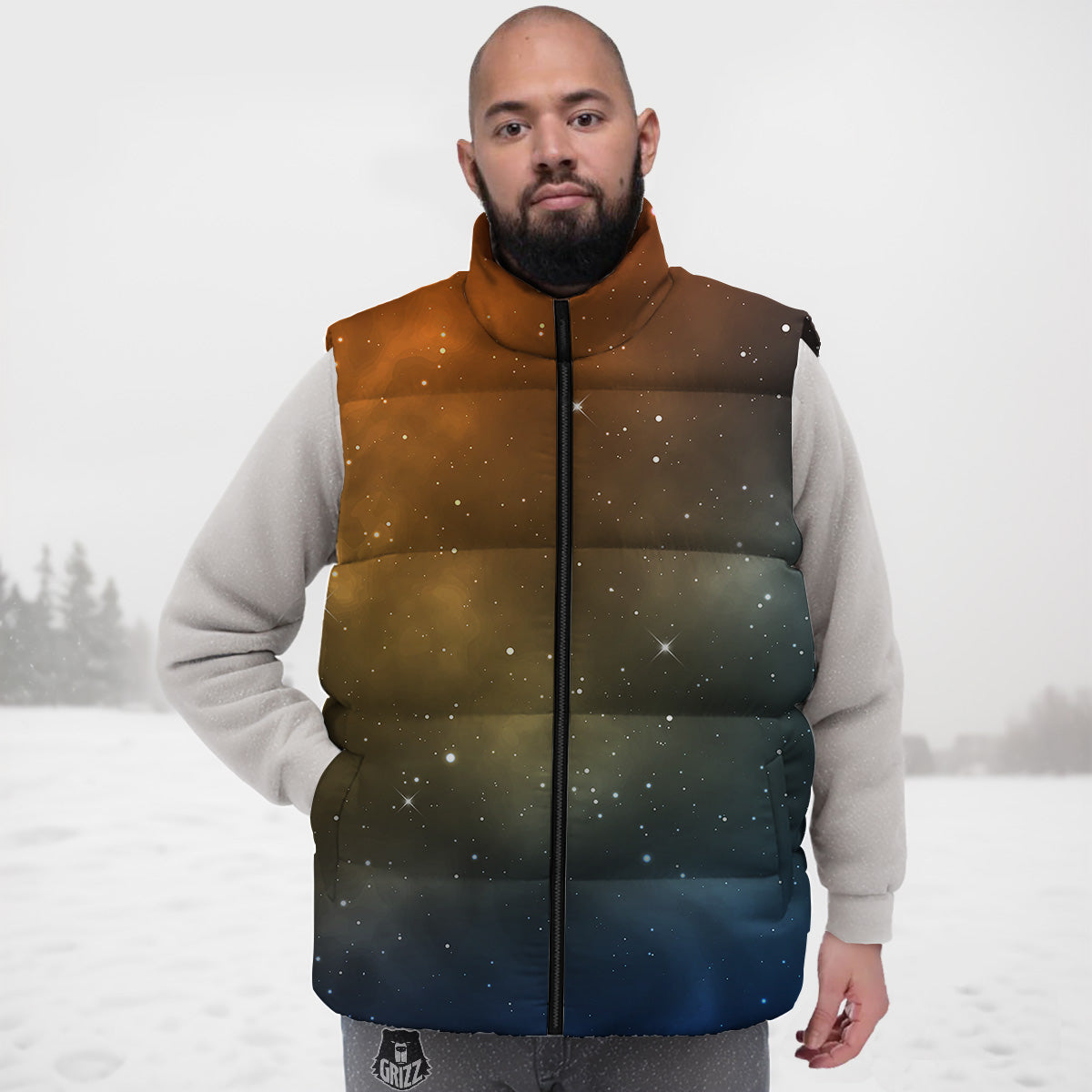 Stardust Galaxy Space Blue Orange Print Down Vest
