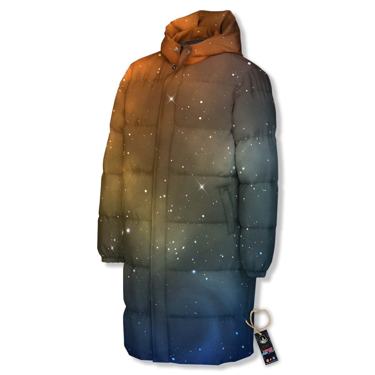 Stardust Galaxy Space Blue Orange Print Long Down Jacket