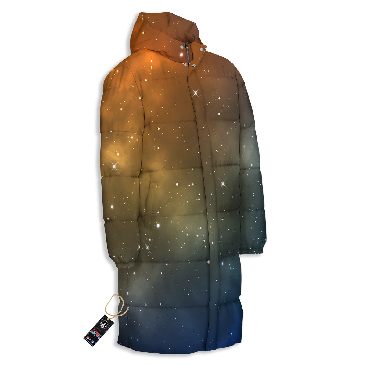 Stardust Galaxy Space Blue Orange Print Long Down Jacket