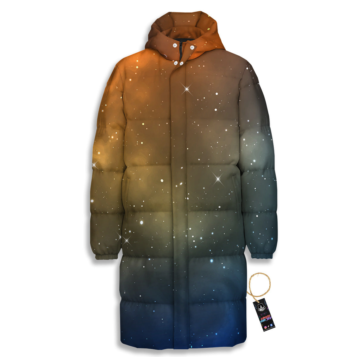 Stardust Galaxy Space Blue Orange Print Long Down Jacket