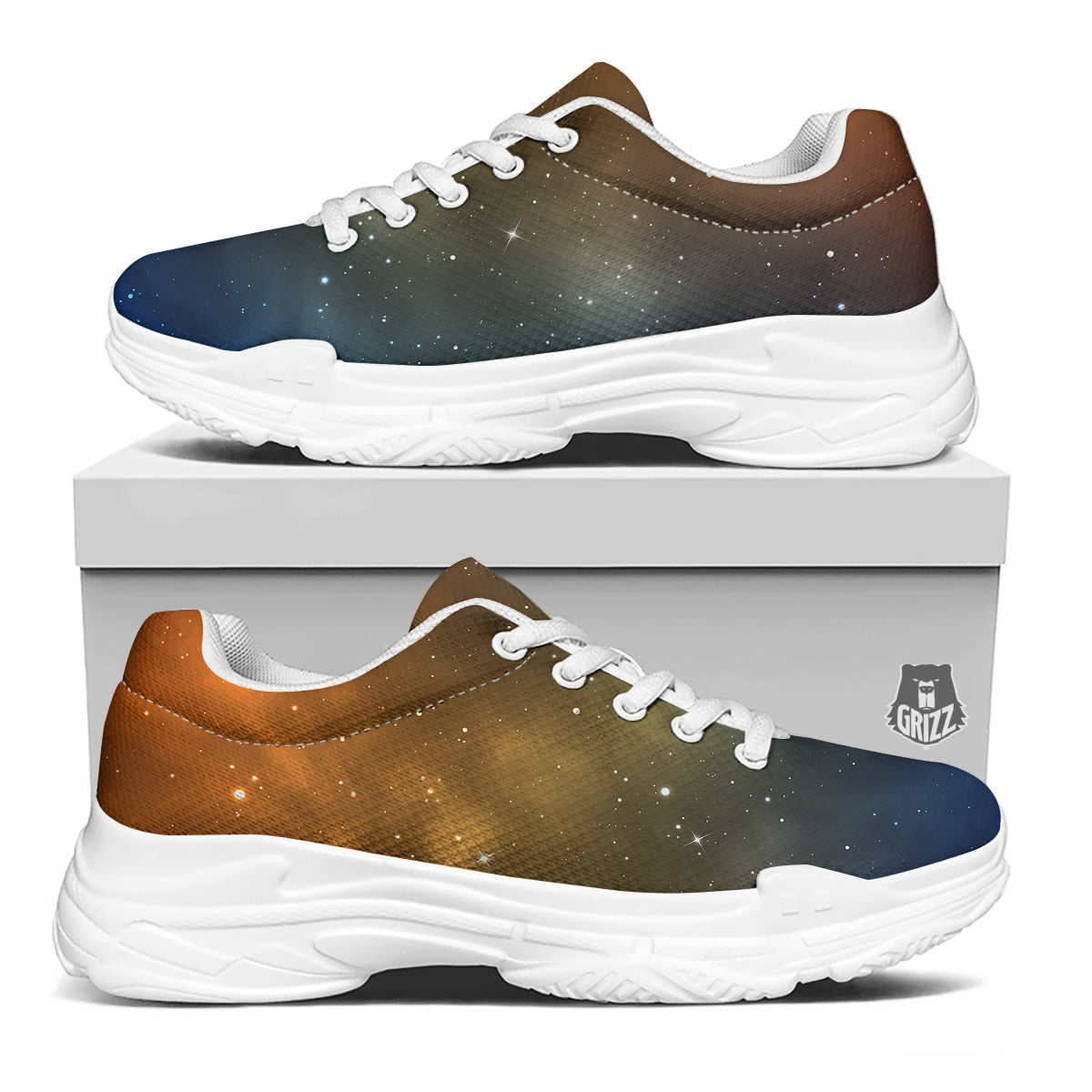Stardust Galaxy Space Blue Orange Print White Chunky Shoes-grizzshop