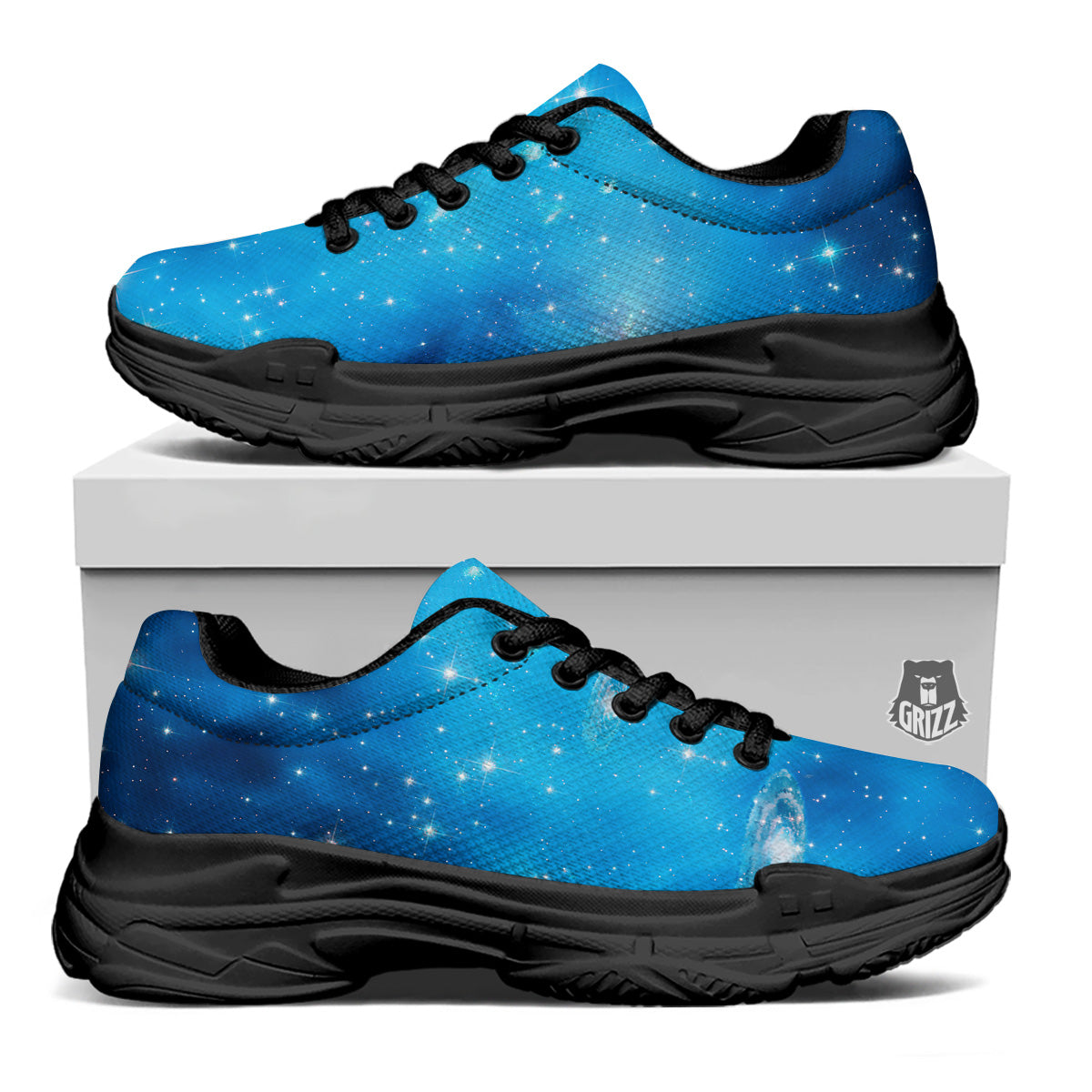 Starfield Galaxy Space Blue Cloud Print Black Chunky Shoes-grizzshop