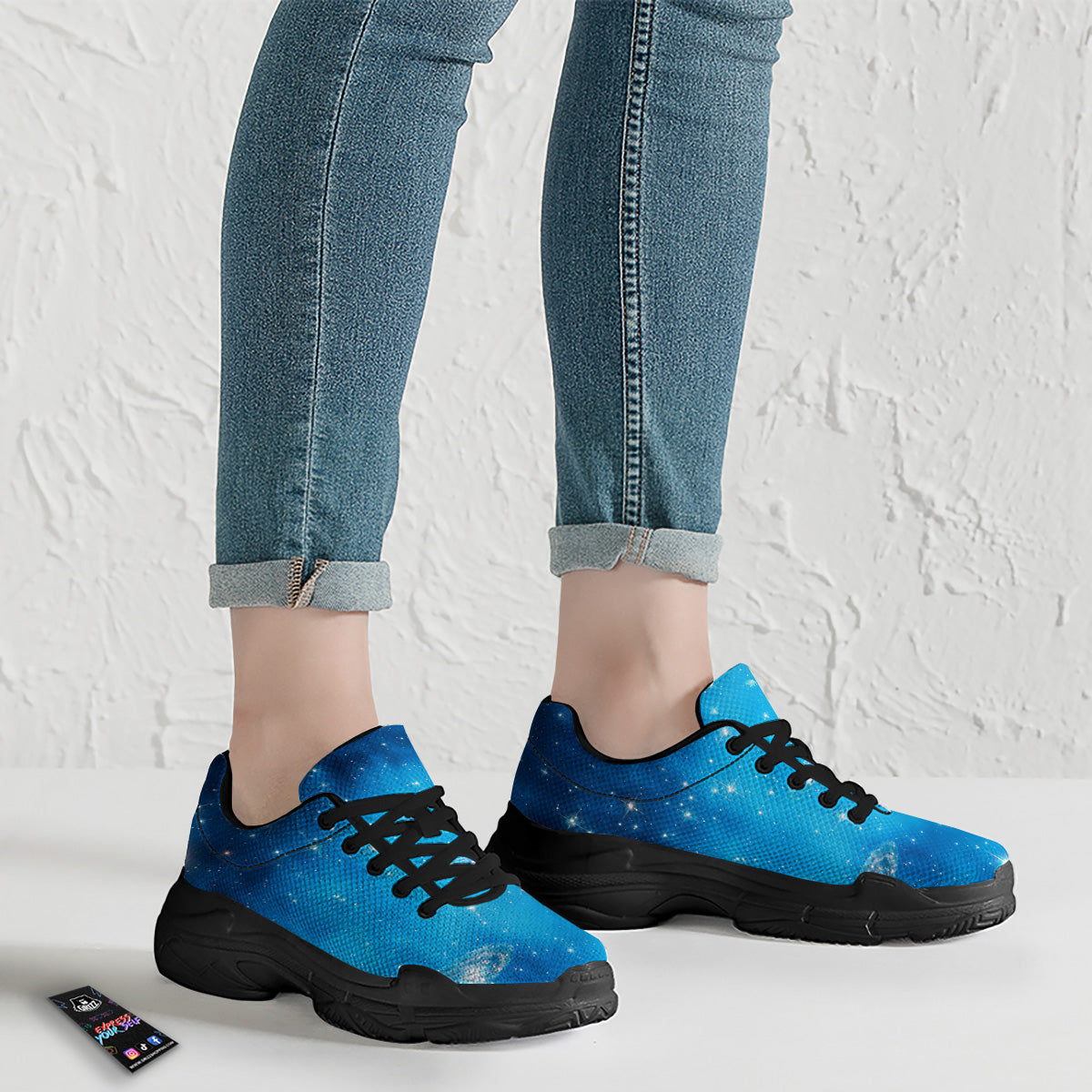 Starfield Galaxy Space Blue Cloud Print Black Chunky Shoes-grizzshop