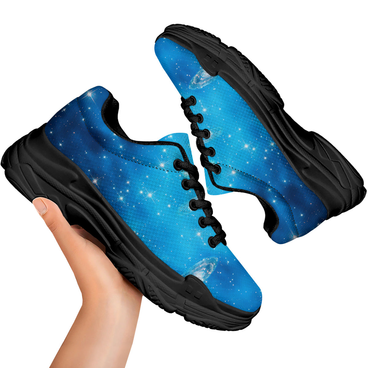 Starfield Galaxy Space Blue Cloud Print Black Chunky Shoes-grizzshop