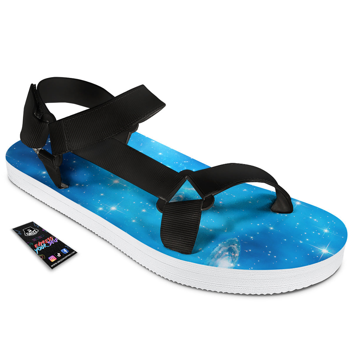 Starfield Galaxy Space Blue Cloud Print Black Open Toe Sandals-grizzshop