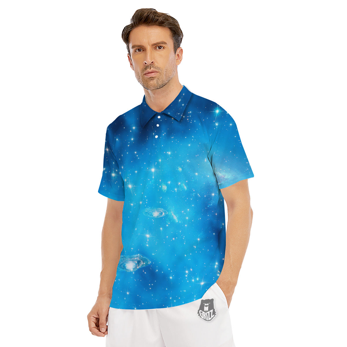 Starfield Galaxy Space Blue Cloud Print Men's Golf Shirts-grizzshop