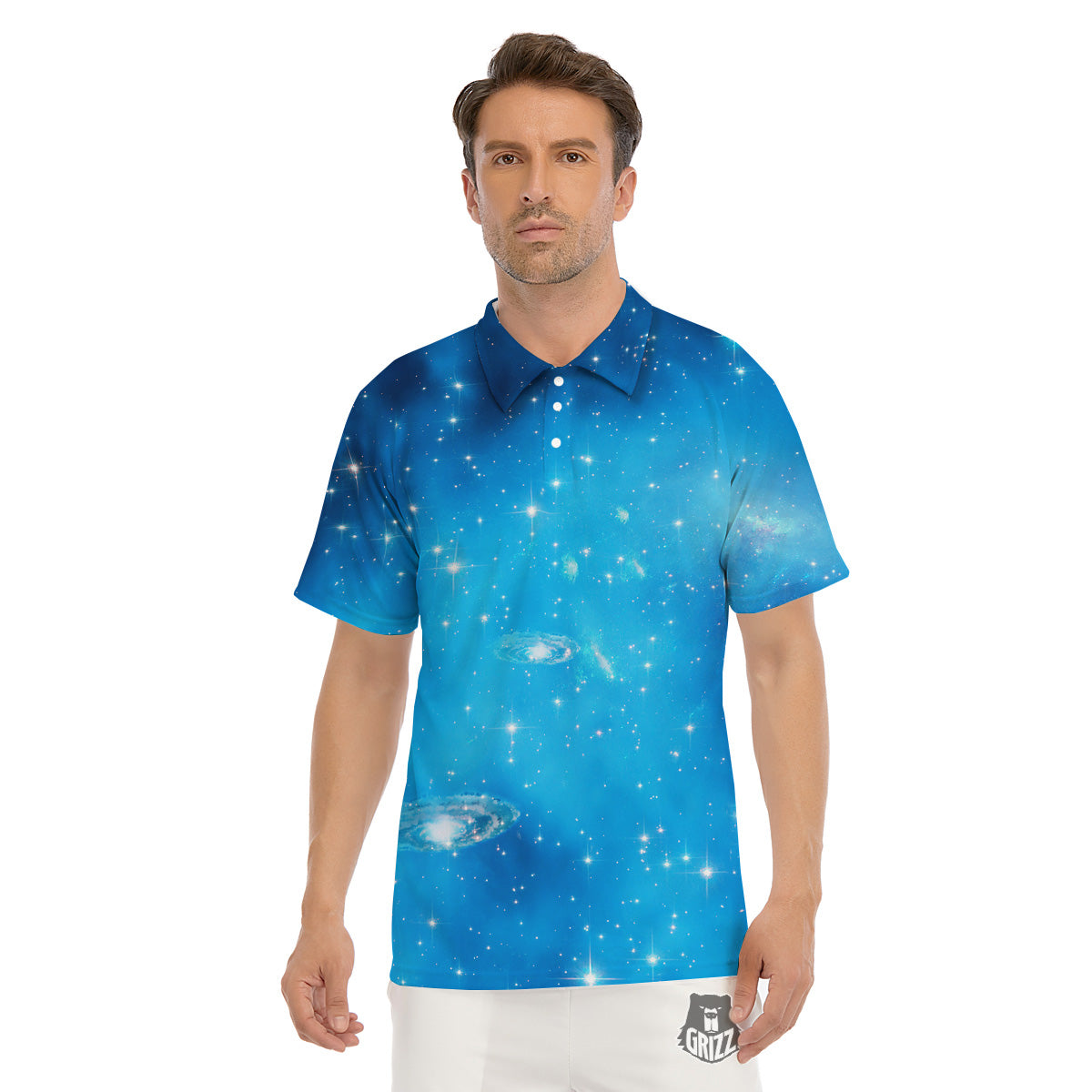 Starfield Galaxy Space Blue Cloud Print Men's Golf Shirts-grizzshop