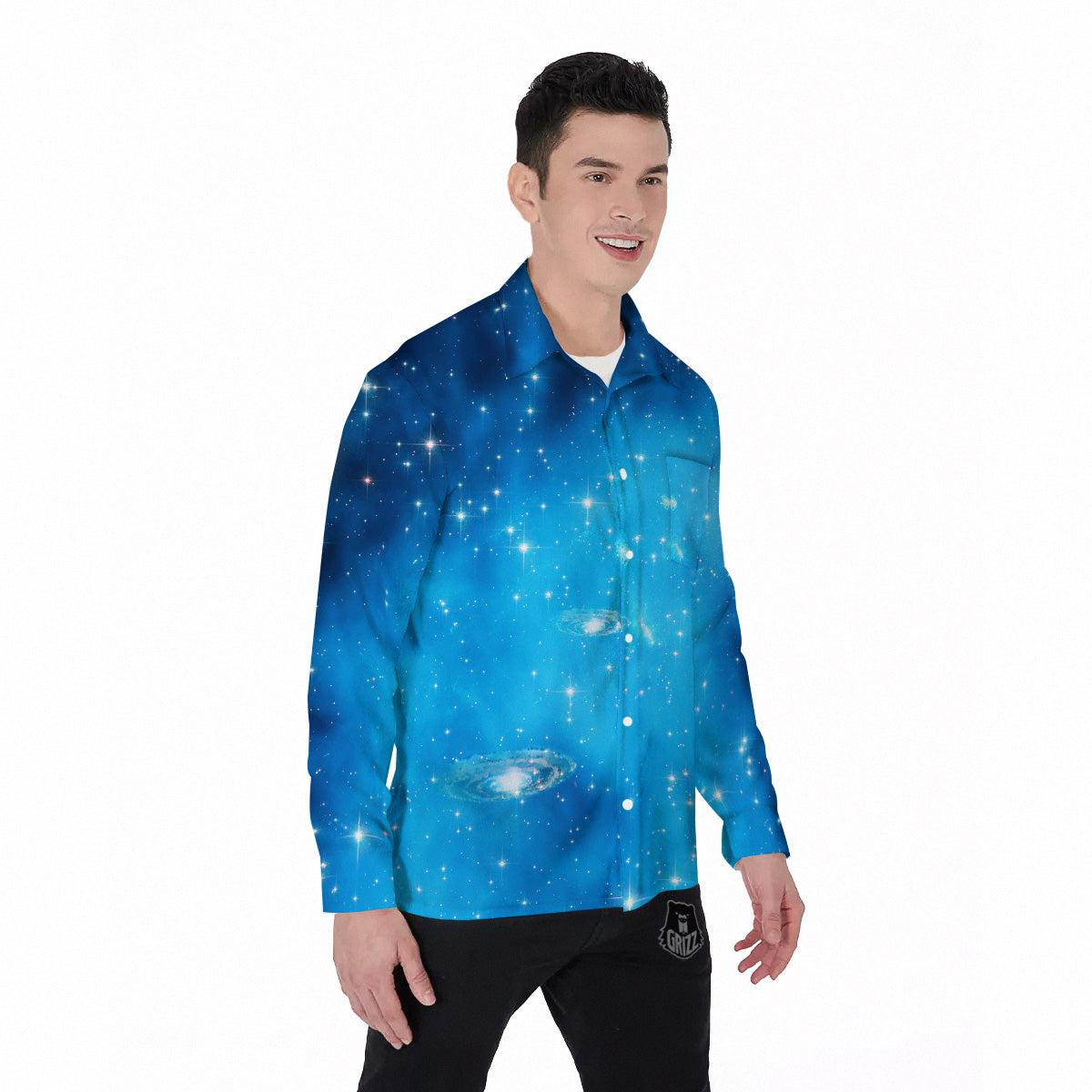Starfield Galaxy Space Blue Cloud Print Men's Long Sleeve Shirts-grizzshop