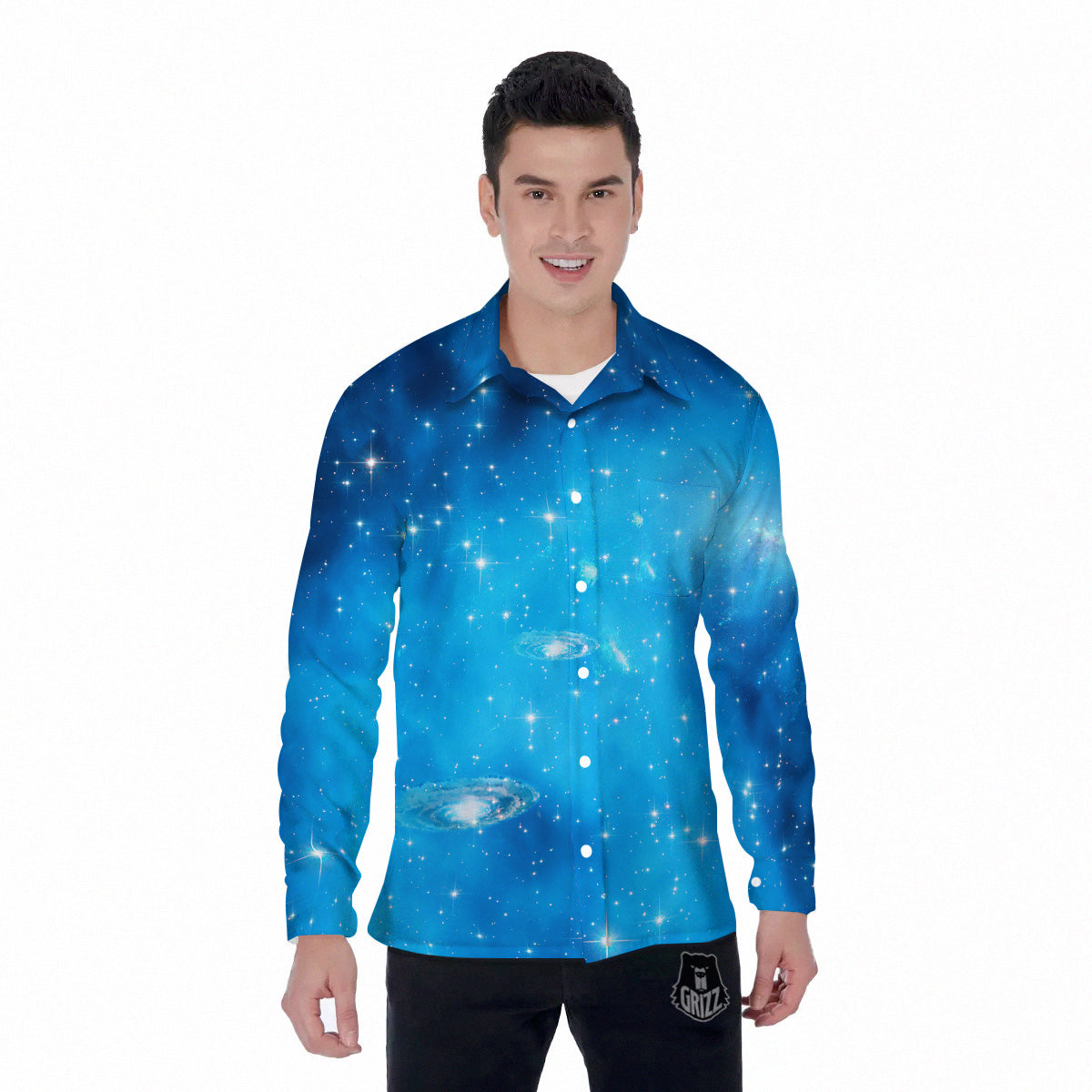 Starfield Galaxy Space Blue Cloud Print Men's Long Sleeve Shirts-grizzshop