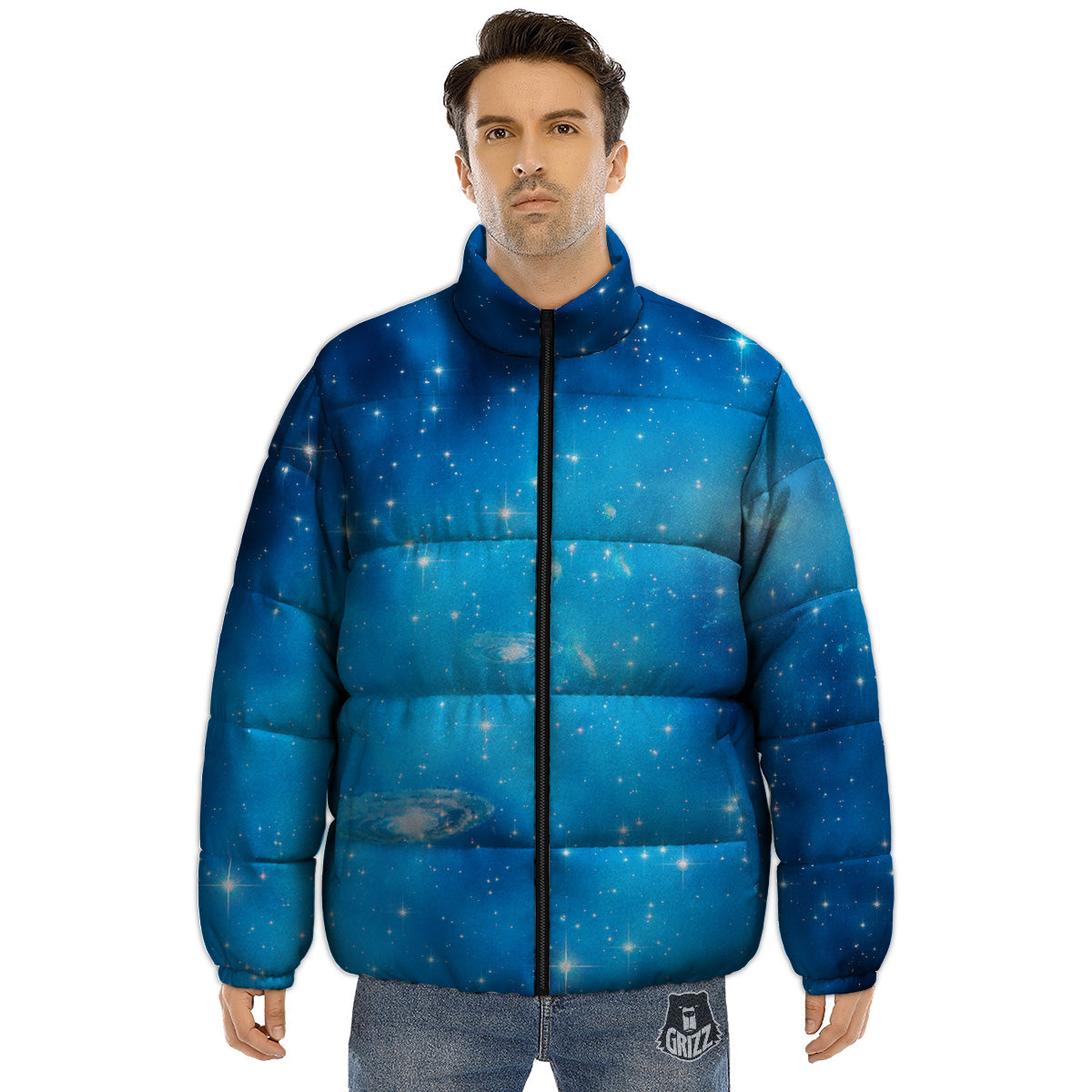 Starfield Galaxy Space Blue Cloud Print Puffer Jacket-grizzshop