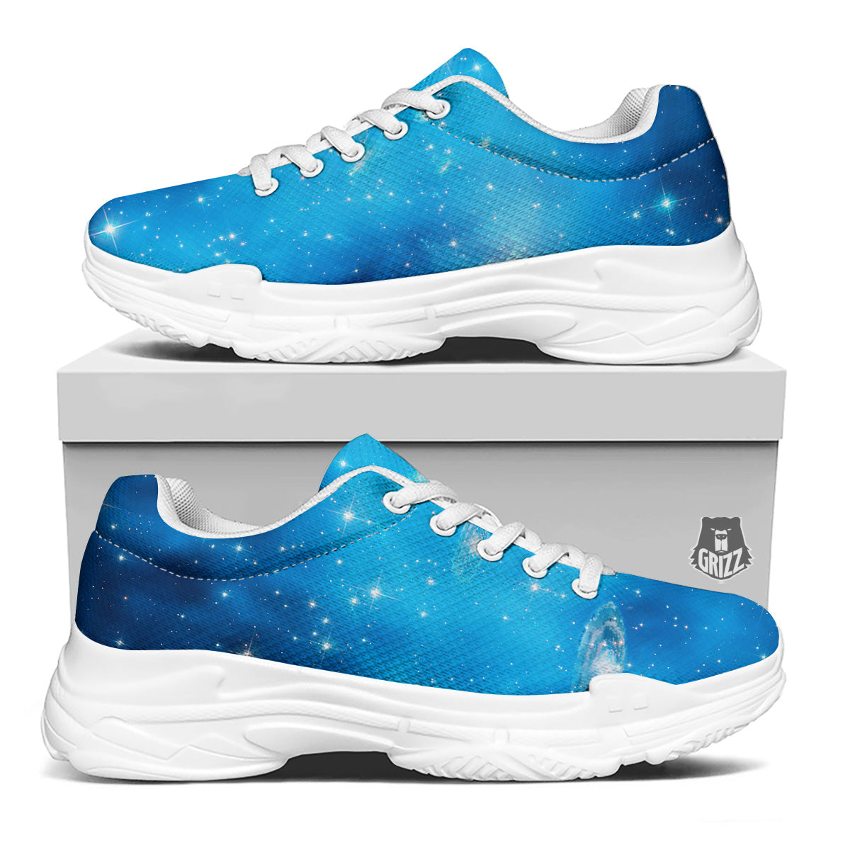 Starfield Galaxy Space Blue Cloud Print White Chunky Shoes-grizzshop